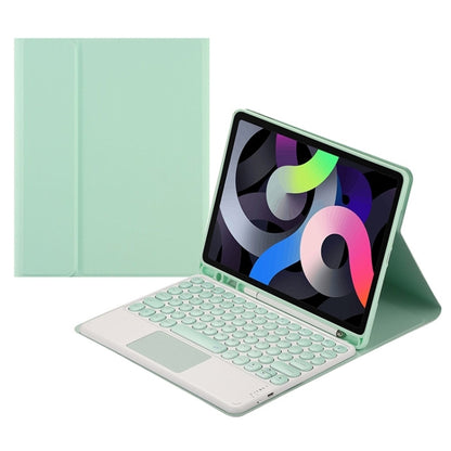 Green Bluetooth keyboard tablet case with touchpad, folio stand and tablet in view