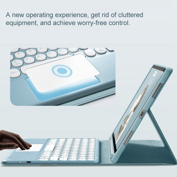 Blue Bluetooth keyboard tablet case showing keys and touchpad on the open stand