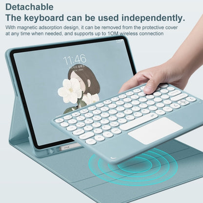 Blue detachable tablet keyboard case with round keys and touchpad