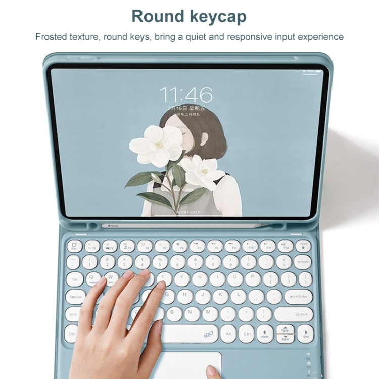 Blue Bluetooth keyboard case with round keycaps and built-in touchpad