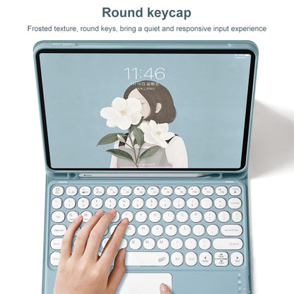 Blue Bluetooth keyboard case with round keycaps and built-in touchpad