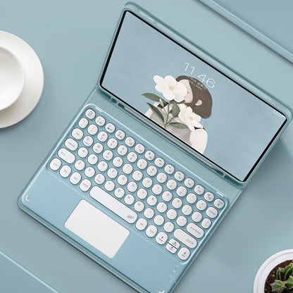 Blue tablet keyboard case with round keys and large trackpad section