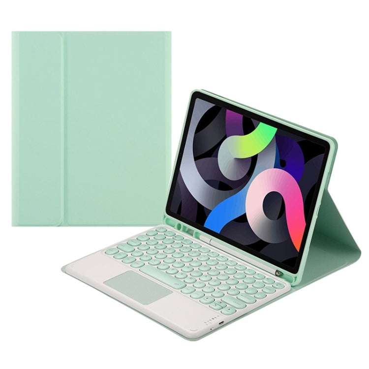 Green Bluetooth keyboard tablet case with touchpad, tablet on stand with keyboard open