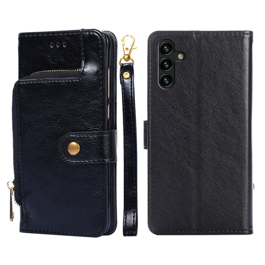 Black horizontal flip phone case with zipper, card slot, and magnetic snap closure.