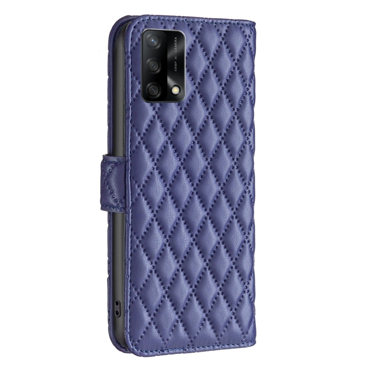 Blue diamond-lattice leather flip phone case with camera cutout