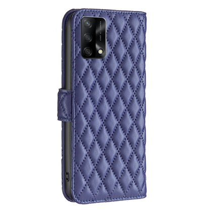 Blue diamond-lattice leather flip phone case with camera cutout