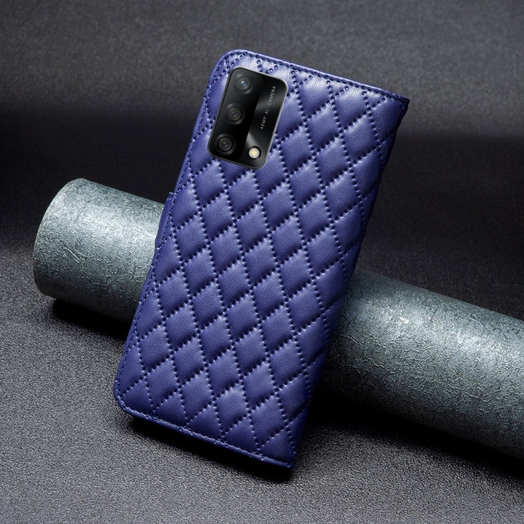 Blue diamond-lattice leather flip phone case with camera cutout and clasp