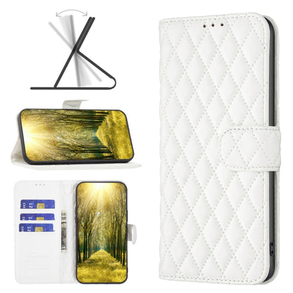 White diamond-lattice leather flip phone wallet case with side snap strap