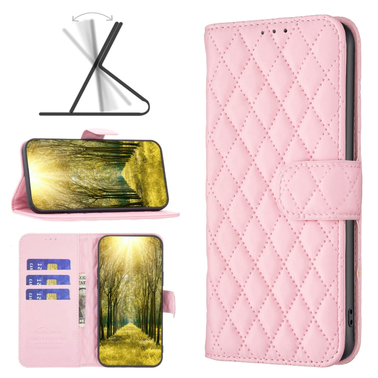 Diamond lattice leather flip phone case with wallet slots, light pink