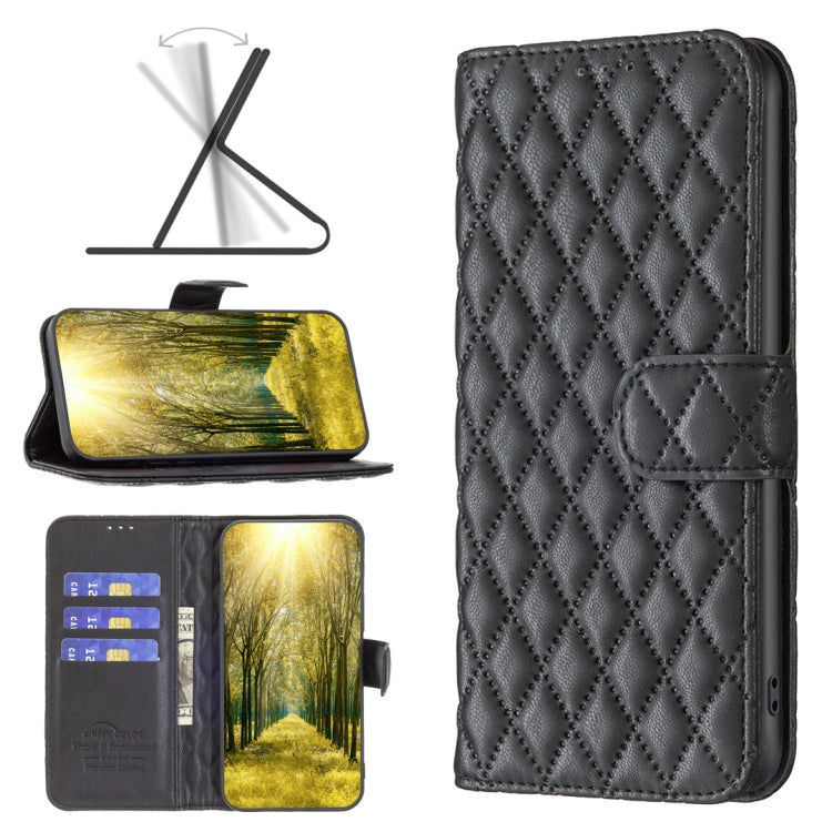 Black diamond-quilted leather flip case with card slots