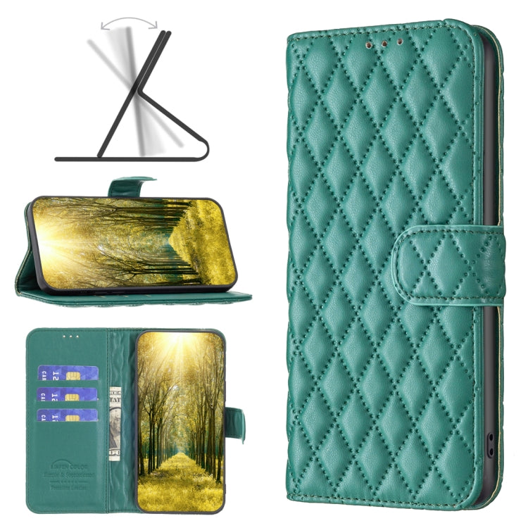 Teal green diamond-quilted leather flip case with card slots