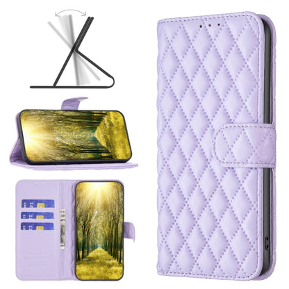 Lavender diamond-quilted leather flip case with heart clasp and card slots
