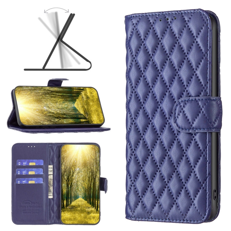Blue leather flip phone wallet case with diamond lattice and magnetic closure