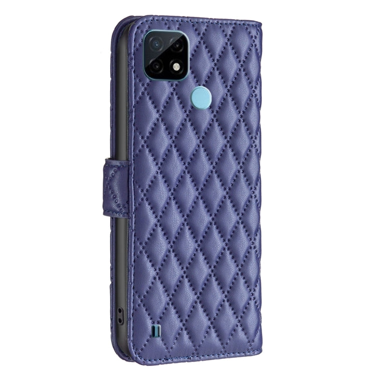 Blue diamond-lattice leather flip phone wallet case with camera cutout and strap