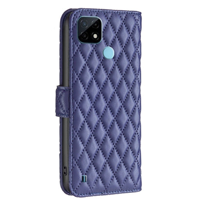 Blue diamond-lattice leather flip phone wallet case with camera cutout and strap