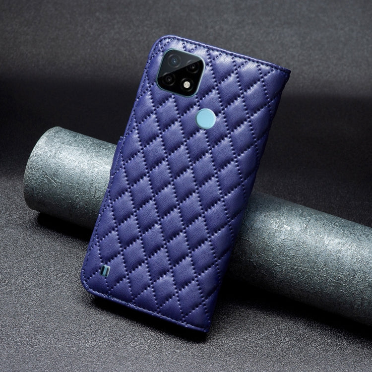 Blue diamond-lattice leather flip phone wallet case showing camera cutout