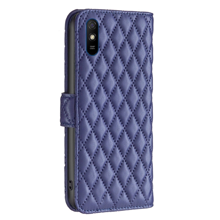 Blue diamond-lattice leather flip phone case with camera cutout on back