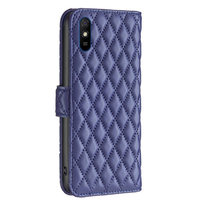 Blue diamond-lattice leather flip phone case with camera cutout on back