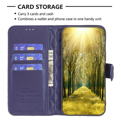 Blue diamond-lattice leather flip phone case with card slots and cash pocket
