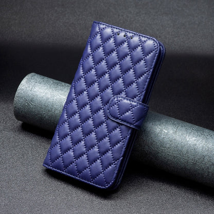 Blue diamond-lattice leather flip phone case with side button cutouts
