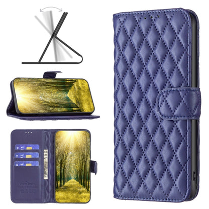 Blue leather flip phone case with diamond lattice texture and card holder flap