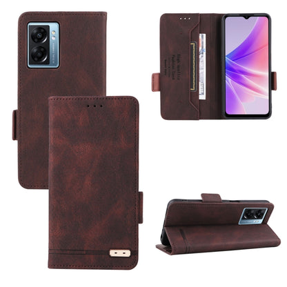 Brown leather phone case with magnetic clasp, front flap pocket and camera cutout.