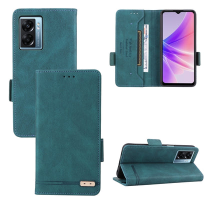 Magnetic clasp leather folio phone case, teal, with card slots and kickstand.