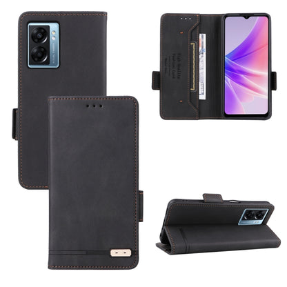 Magnetic clasp leather folio phone case, black, with card slots and kickstand.