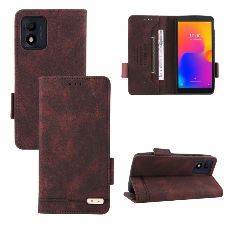 Brown leather phone case with magnetic clasp, front flap and side card holder.