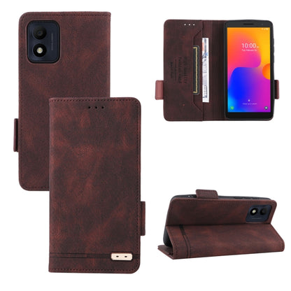 Brown leather phone case with magnetic clasp, front flap and side card holder.