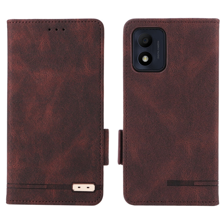 Brown leather phone case with magnetic clasp, camera cutout and front closure tab.