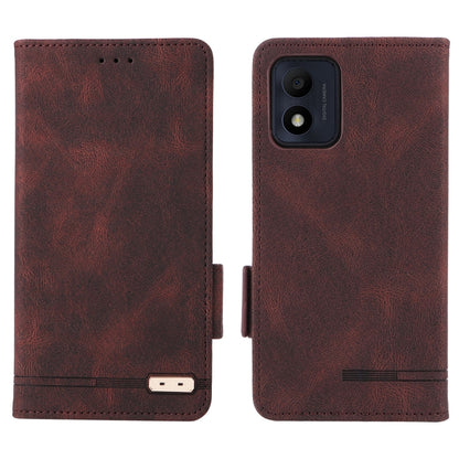 Brown leather phone case with magnetic clasp, camera cutout and front closure tab.