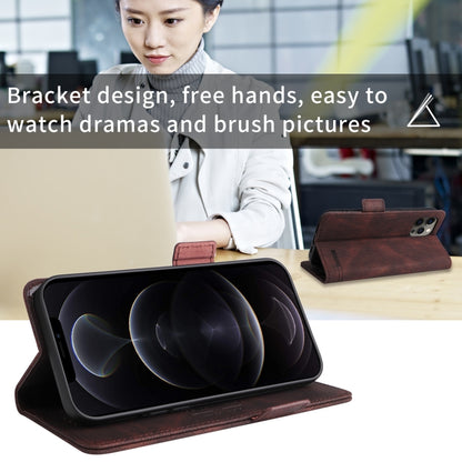Brown leather phone case with magnetic clasp, kickstand-style flip cover propped open.