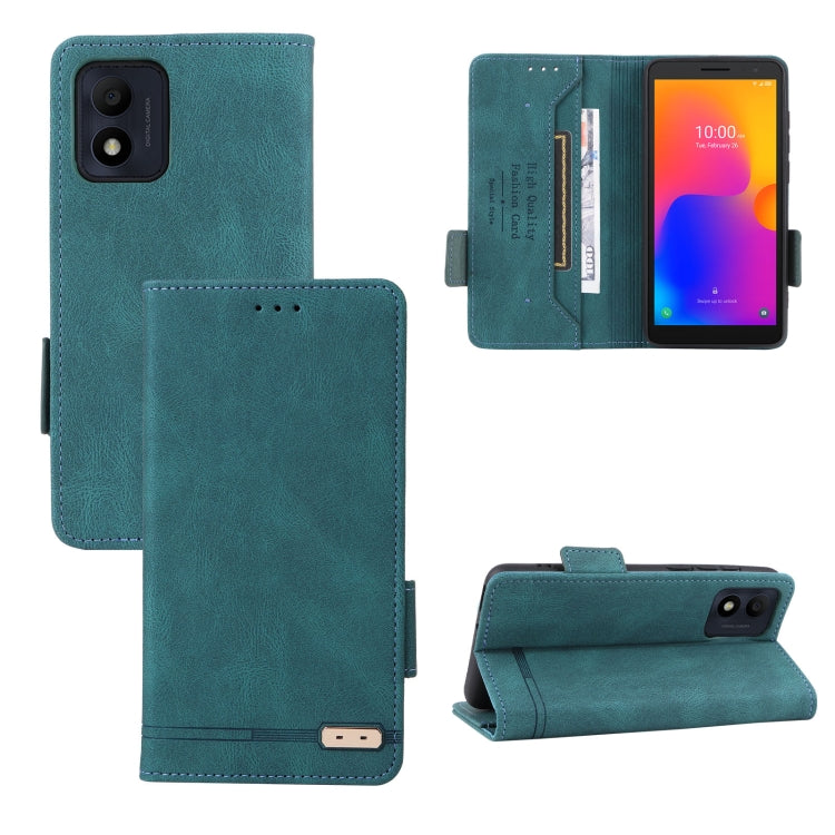 Teal leather phone case with magnetic clasp, front flap pocket and camera cutout.