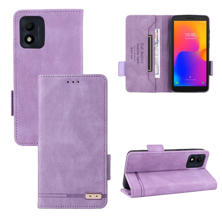 Purple leather phone case with magnetic clasp, front flap pocket and kickstand.