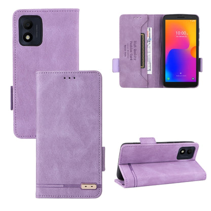Purple leather phone case with magnetic clasp, front flap pocket and kickstand.