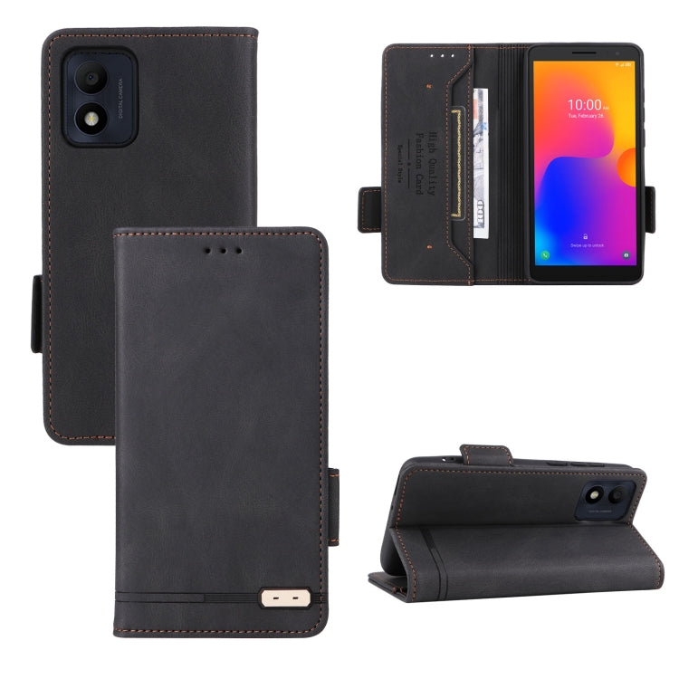 Magnetic clasp leather folio phone case, dark gray, with card slots and kickstand.