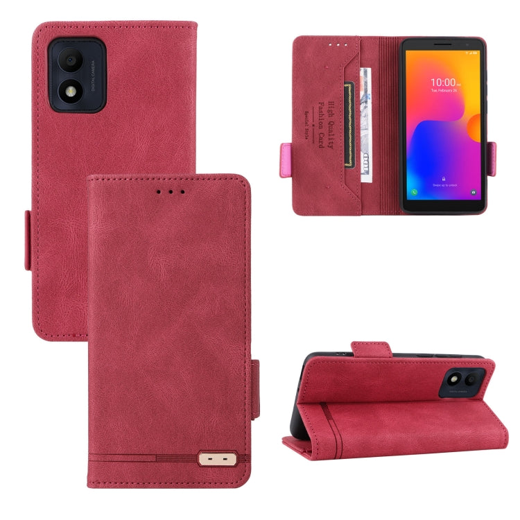 Magnetic clasp leather folio phone case, red, with card slots and kickstand.