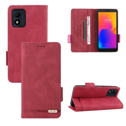Magnetic clasp leather folio phone case, red, with card slots and kickstand.