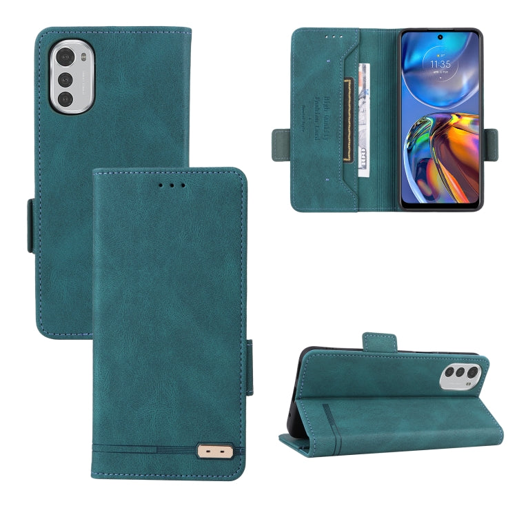 Magnetic clasp leather folio phone case, teal blue, with card slots and kickstand.