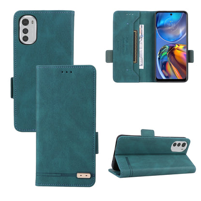 Magnetic clasp leather folio phone case, teal blue, with card slots and kickstand.