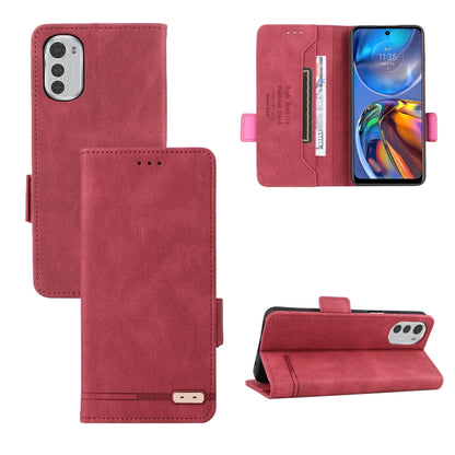 Magnetic clasp leather folio phone case, rose red, with card slots and kickstand.
