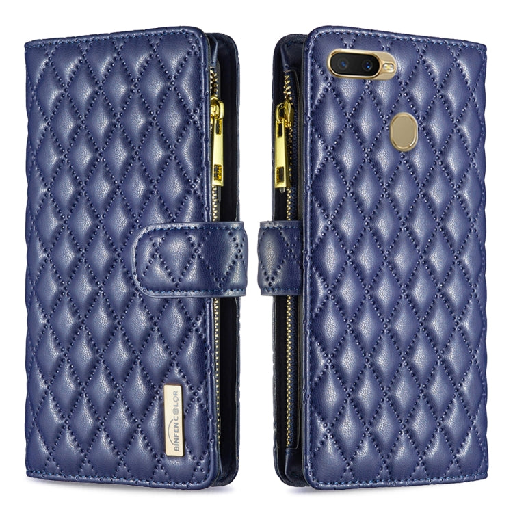 Blue quilted diamond phone wallet case with magnetic strap and side zipper hardware