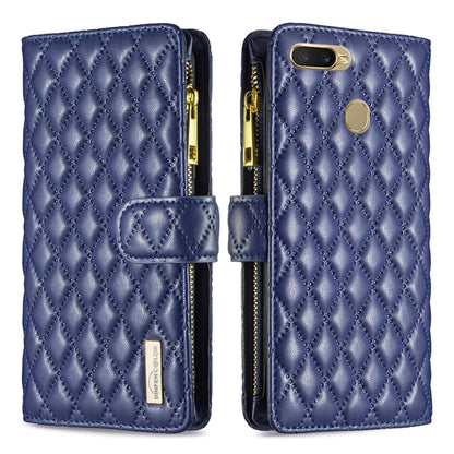 Blue quilted diamond phone wallet case with magnetic strap and side zipper hardware