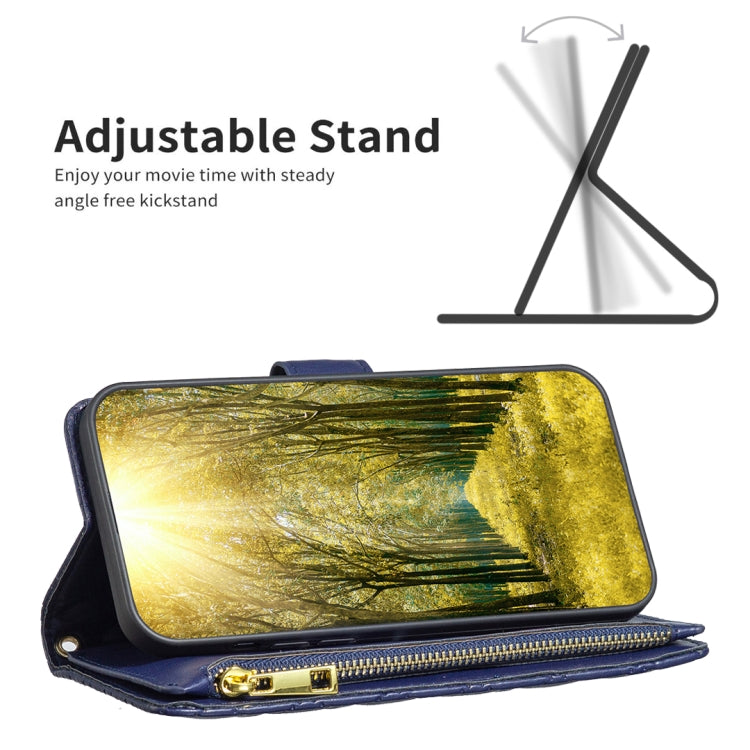 Blue diamond-lattice flip phone case with zipper and adjustable stand support