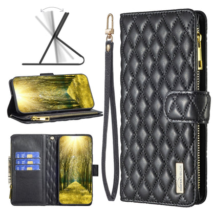 Diamond lattice zipper flip wallet phone case, black with magnetic front strap