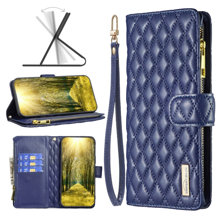 Blue diamond quilted leather flip wallet phone case with zipper, card slots, strap