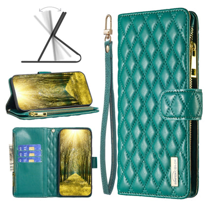 Green diamond quilted leather flip wallet phone case, includes wrist strap and zipper