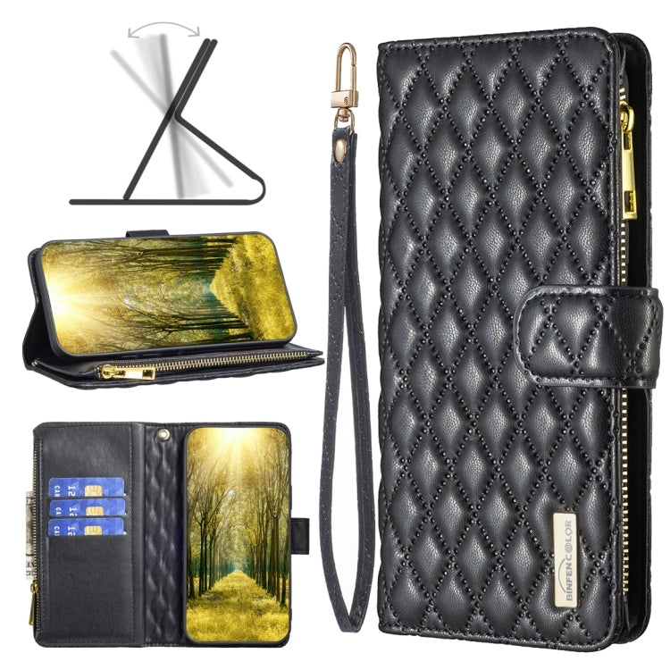 Black diamond-lattice zipper wallet flip phone case with card slots and magnetic strap