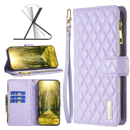 Purple diamond-lattice zipper wallet flip phone case with folio cover and card slots